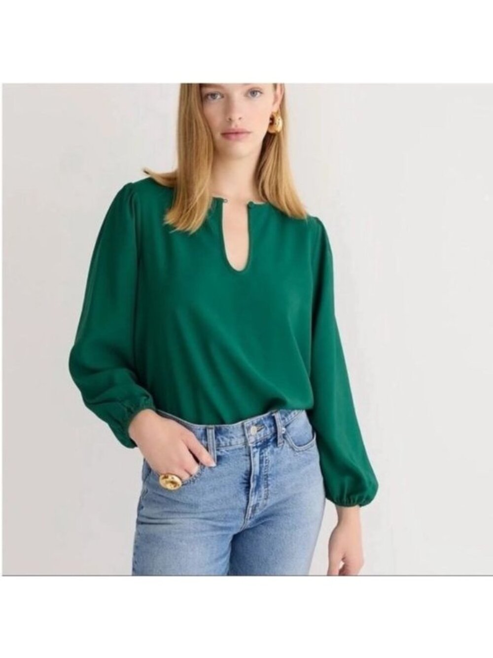 J. Crew Puff-Sleeve Satin Back Crepe Top in Green, Size Medium Tall, TM NEW